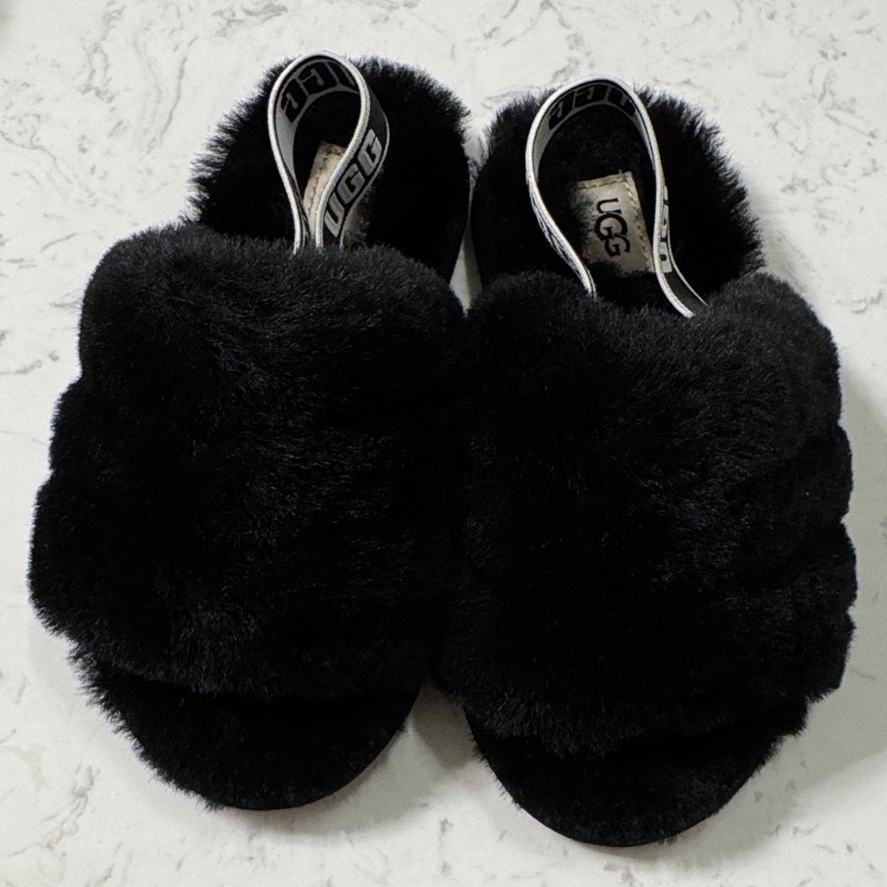 UGG Black Fuzzy Slide Sandals with Branded Heel Strap